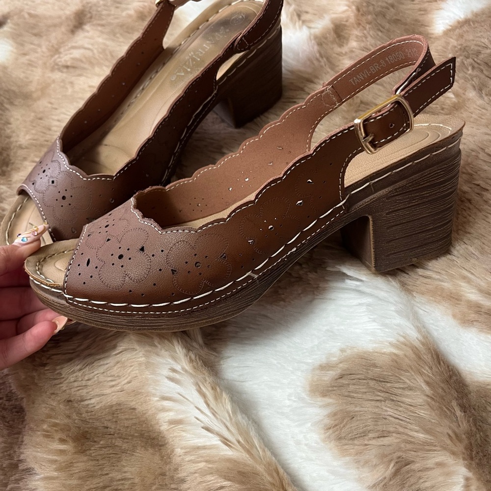 Brown Scalloped Perforated Slingback Block Heel Sandals